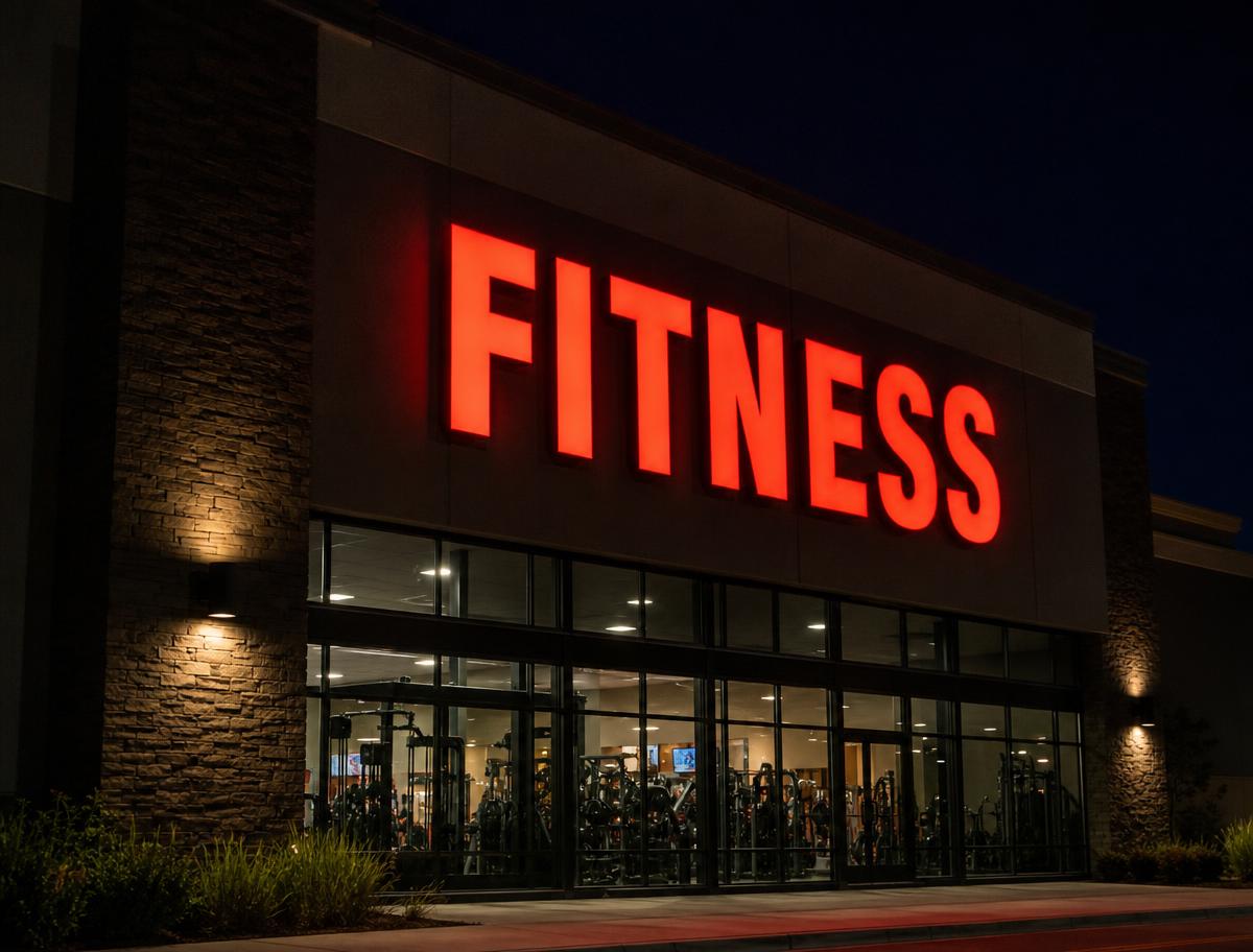 Red illuminated channel letters reading FITNESS on a gym exterior