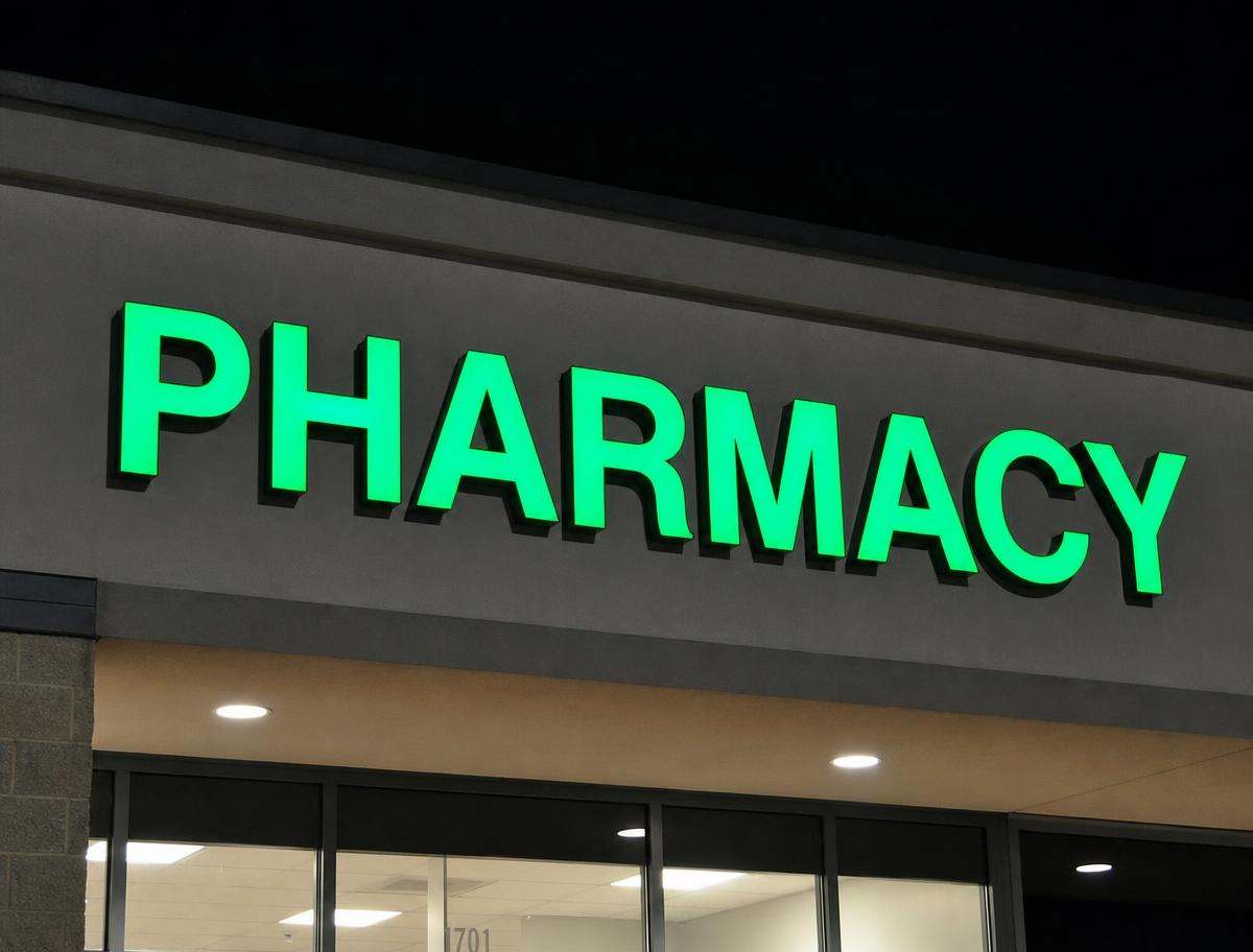 Green illuminated channel letters reading PHARMACY on a building fascia