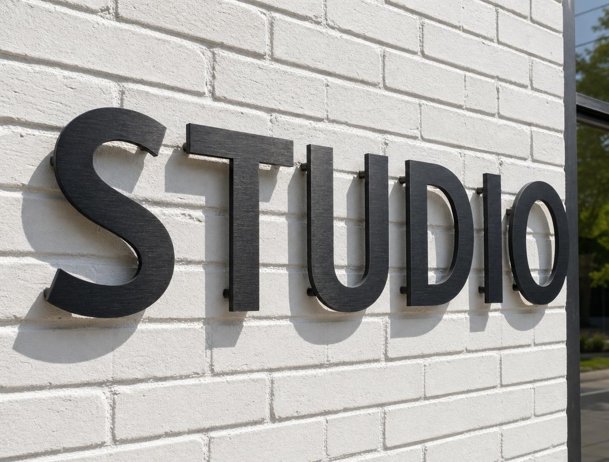 Flat-cut black metal letters reading STUDIO on a white brick wall