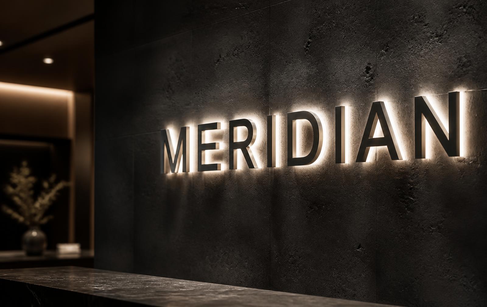 Brushed stainless Meridian halo letters glowing on a dark stone reception wall