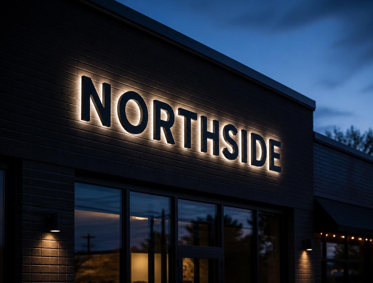 Matte black Northside halo letters lit on a dark brick storefront fascia at dusk