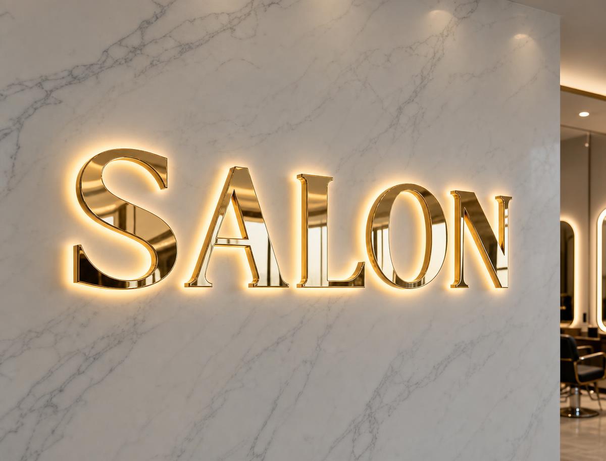 Gold mirror halo-lit letters reading SALON on a marble wall