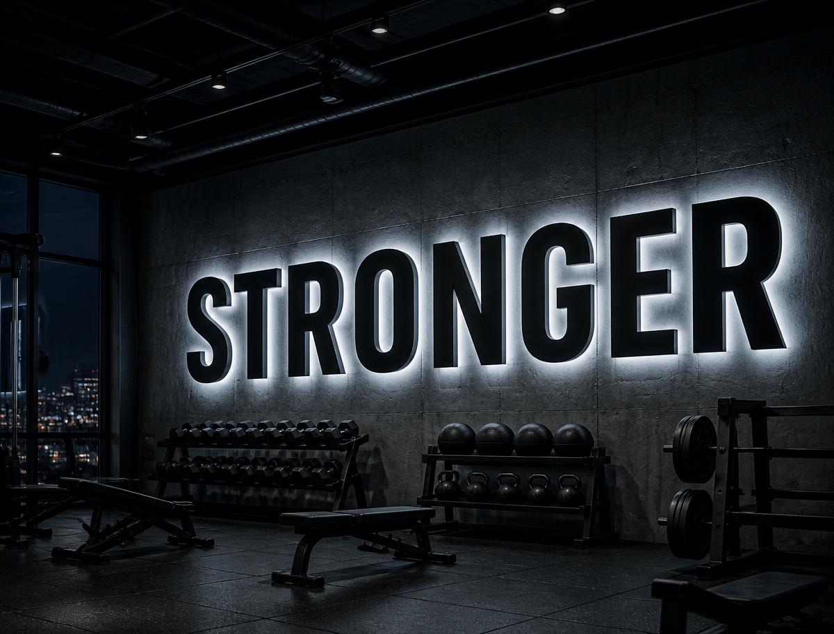 Large matte black Stronger halo letters lit on a concrete gym feature wall