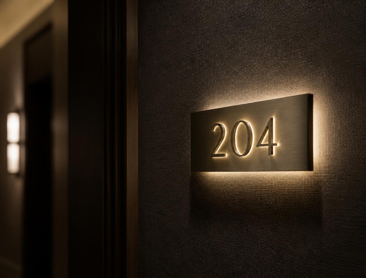 Backlit brushed metal 204 suite number plaque glowing in a hotel corridor