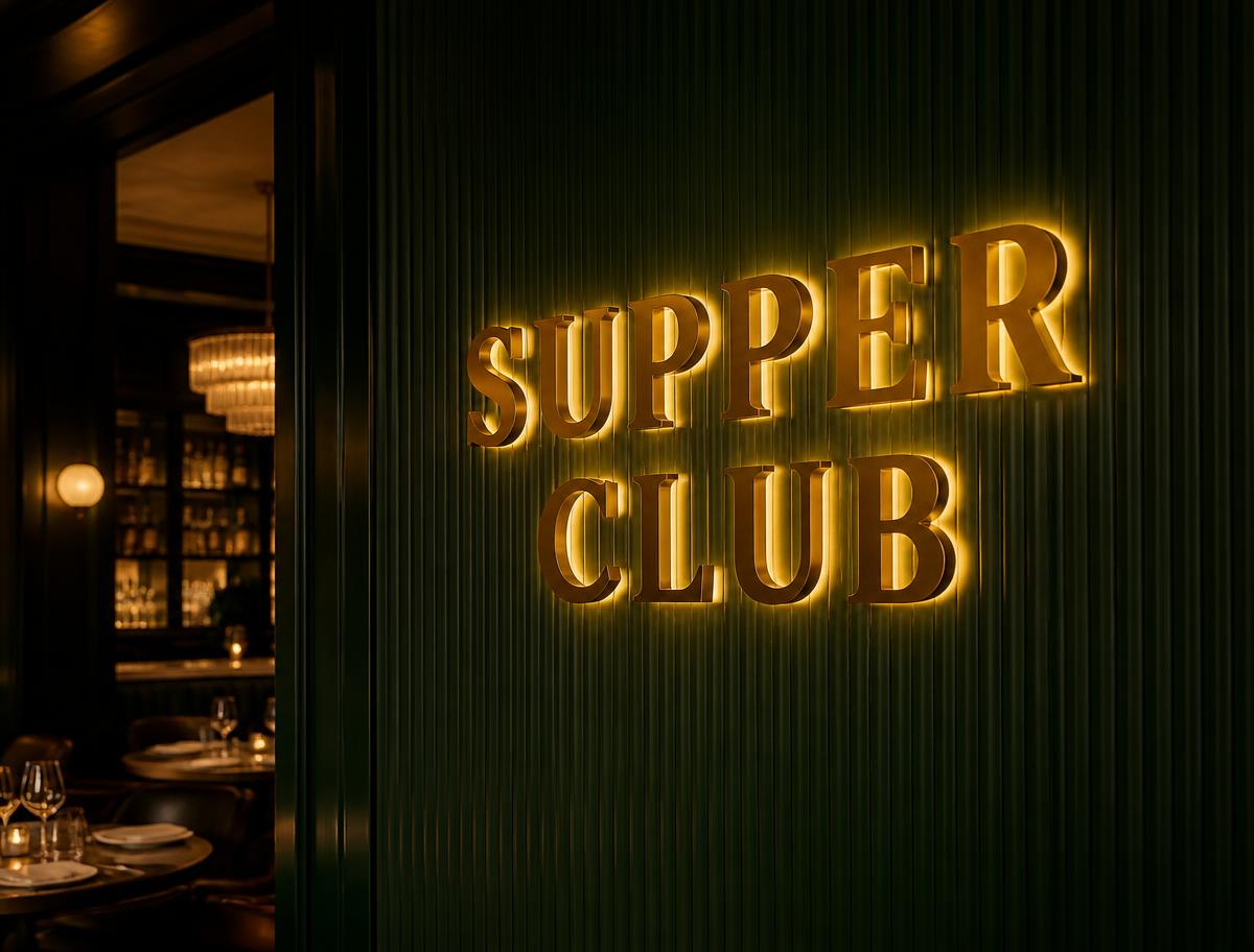 Polished brass Supper Club halo letters glowing on a fluted green dining room wall