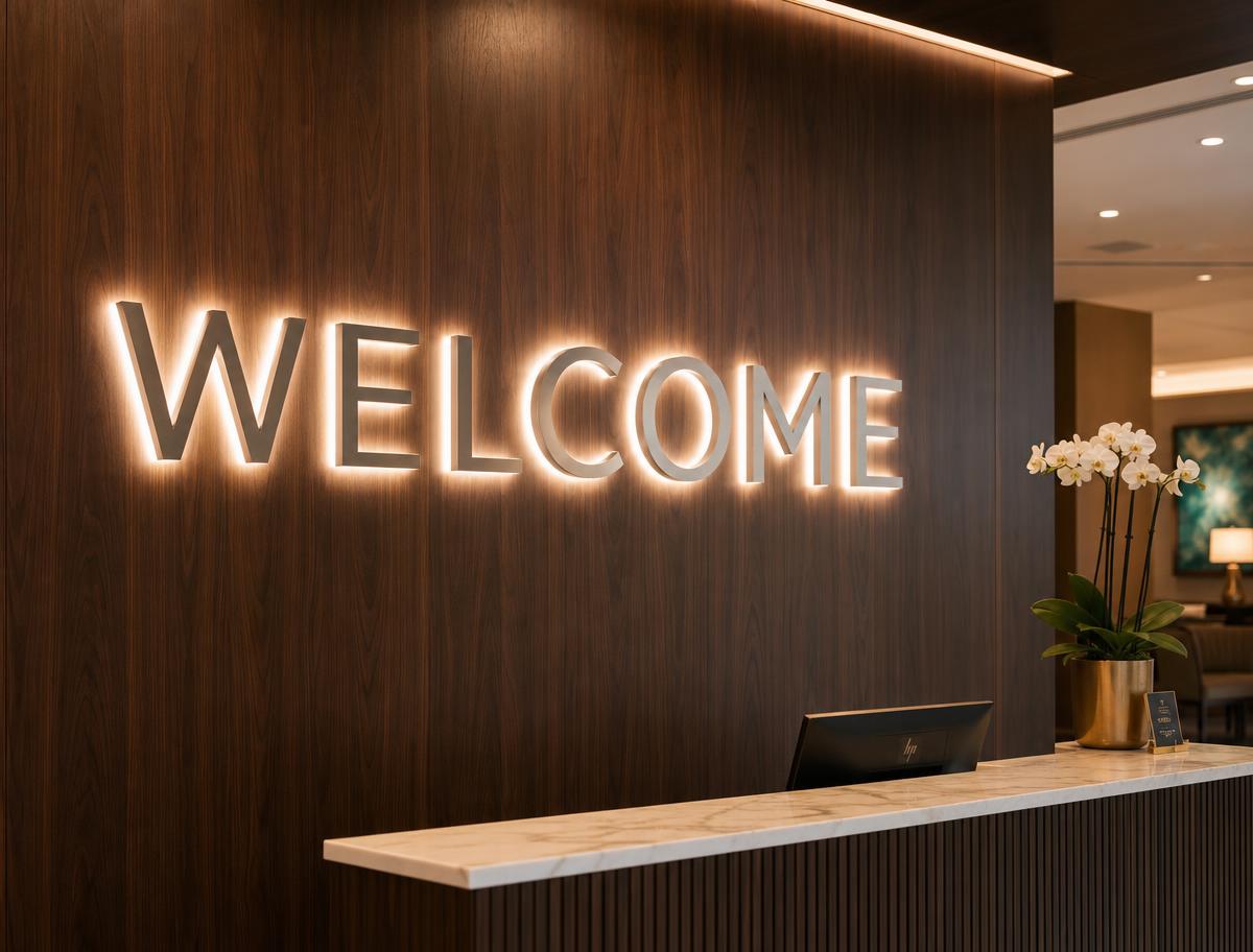 Halo-lit letters reading WELCOME on a walnut hotel reception wall