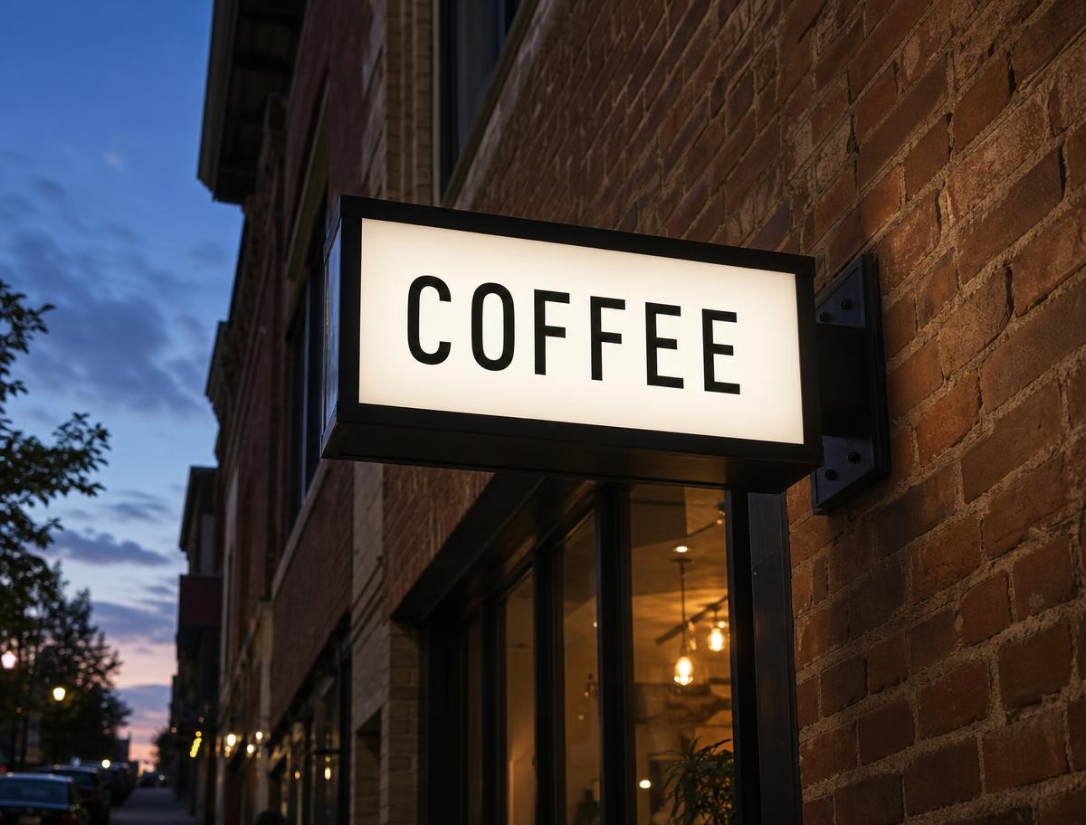 Illuminated projecting lightbox sign reading COFFEE on a brick wall