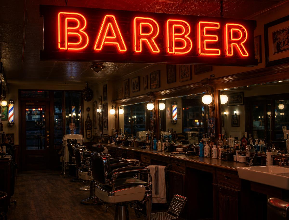 Red LED neon sign reading BARBER inside a classic barbershop