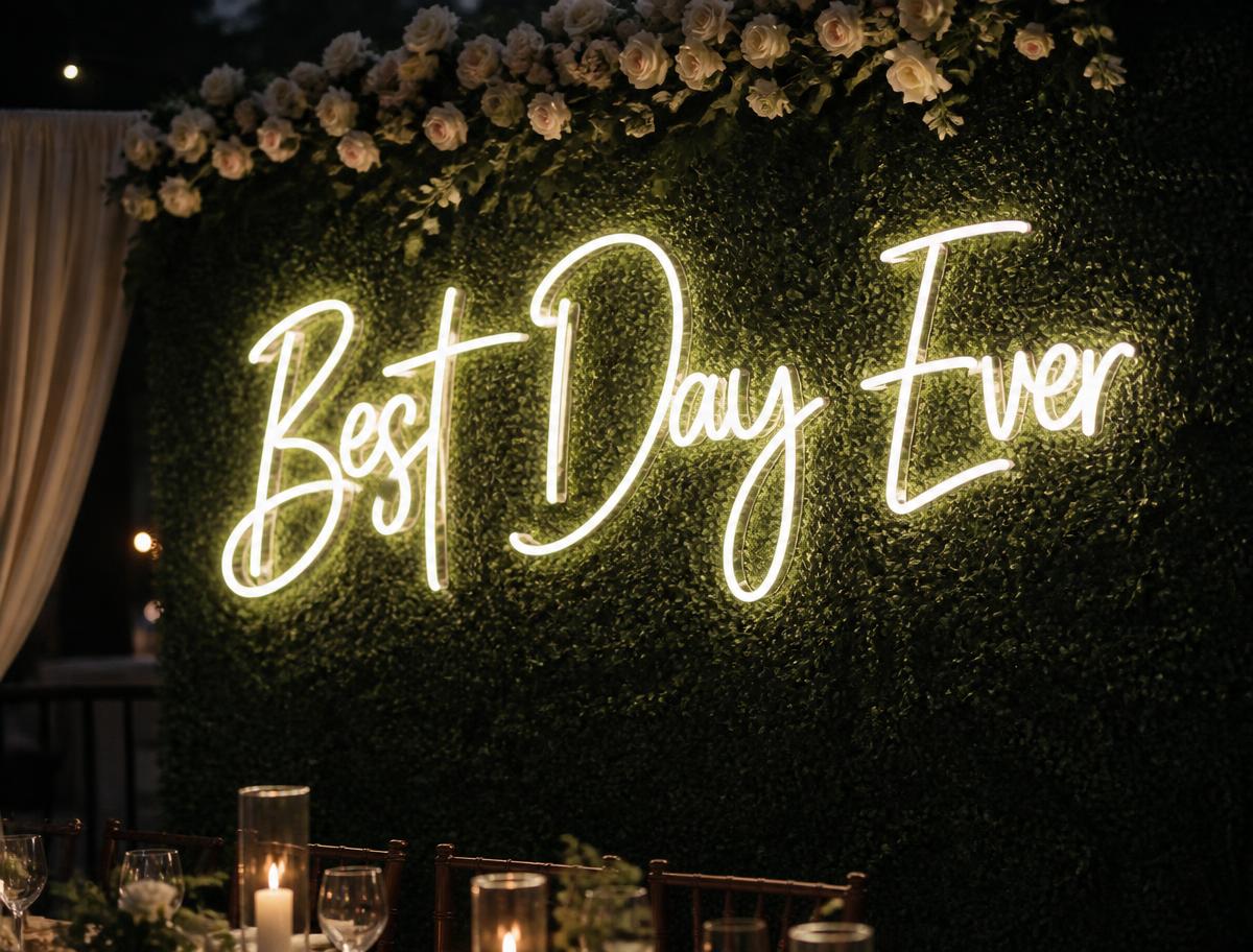 Best Day Ever LED neon sign mounted on a greenery hedge wall at an evening wedding