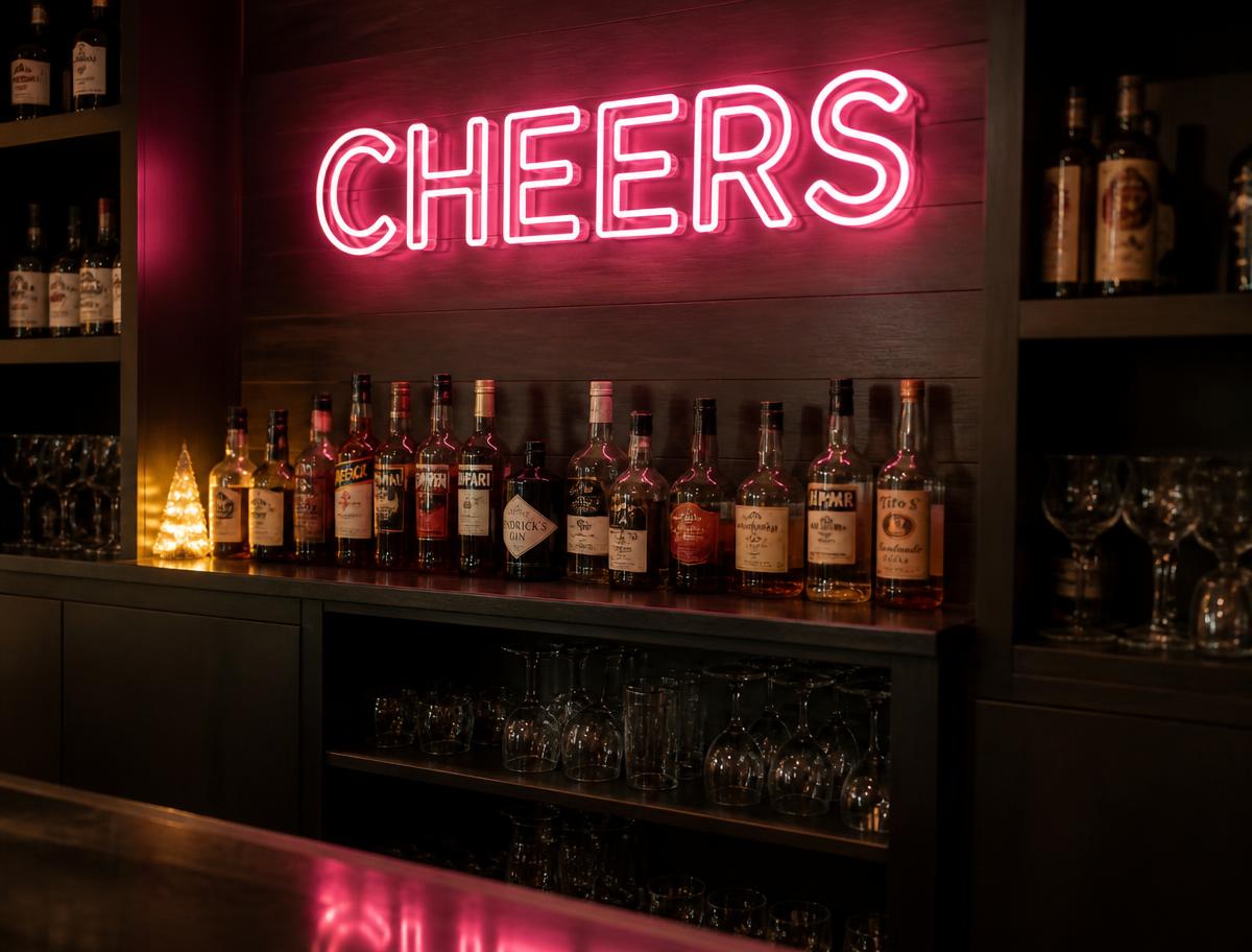 Warm gold Cheers LED neon sign glowing above the back bar bottles of a cocktail bar