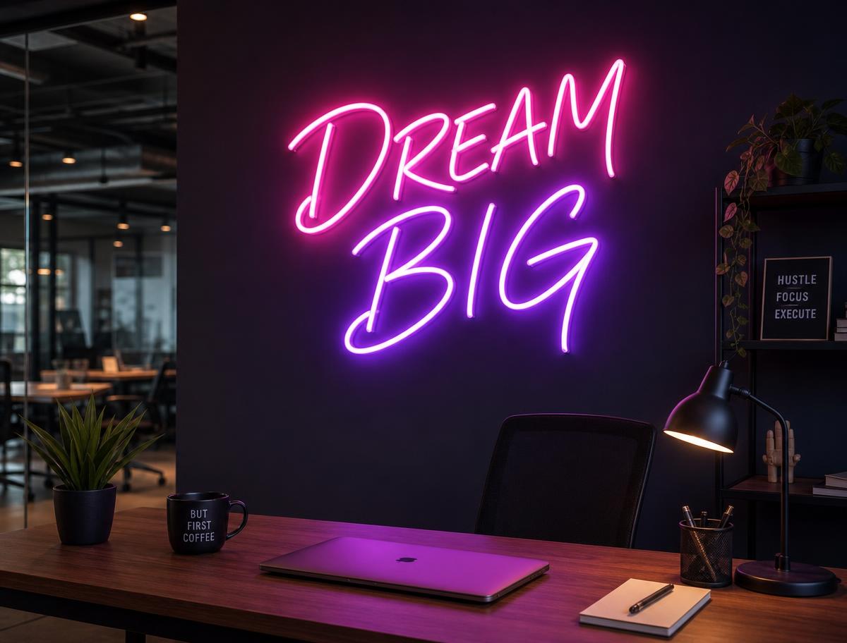 Pink and purple LED neon sign reading DREAM BIG in an office