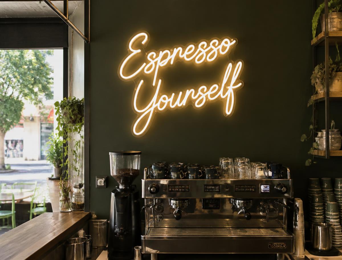 Espresso Yourself LED neon script sign on a coffee shop wall behind the espresso machine