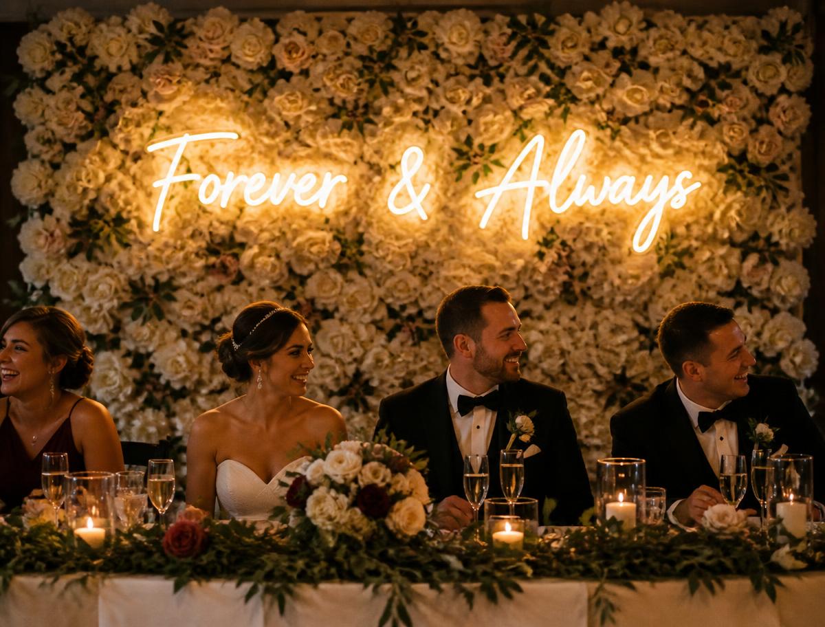 Forever and Always LED neon sign lit on a white floral wall behind a wedding head table