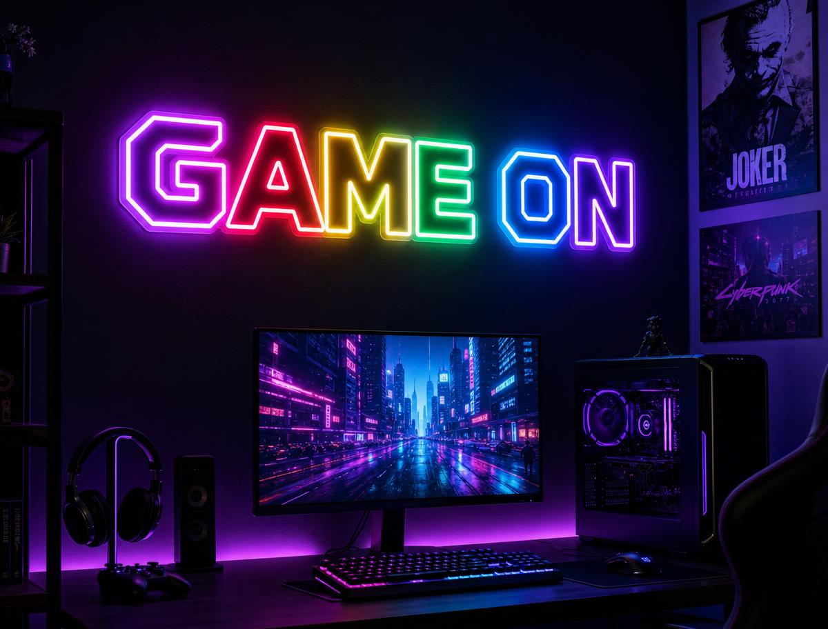 Multicolour RGB LED neon sign reading GAME ON above a gaming desk