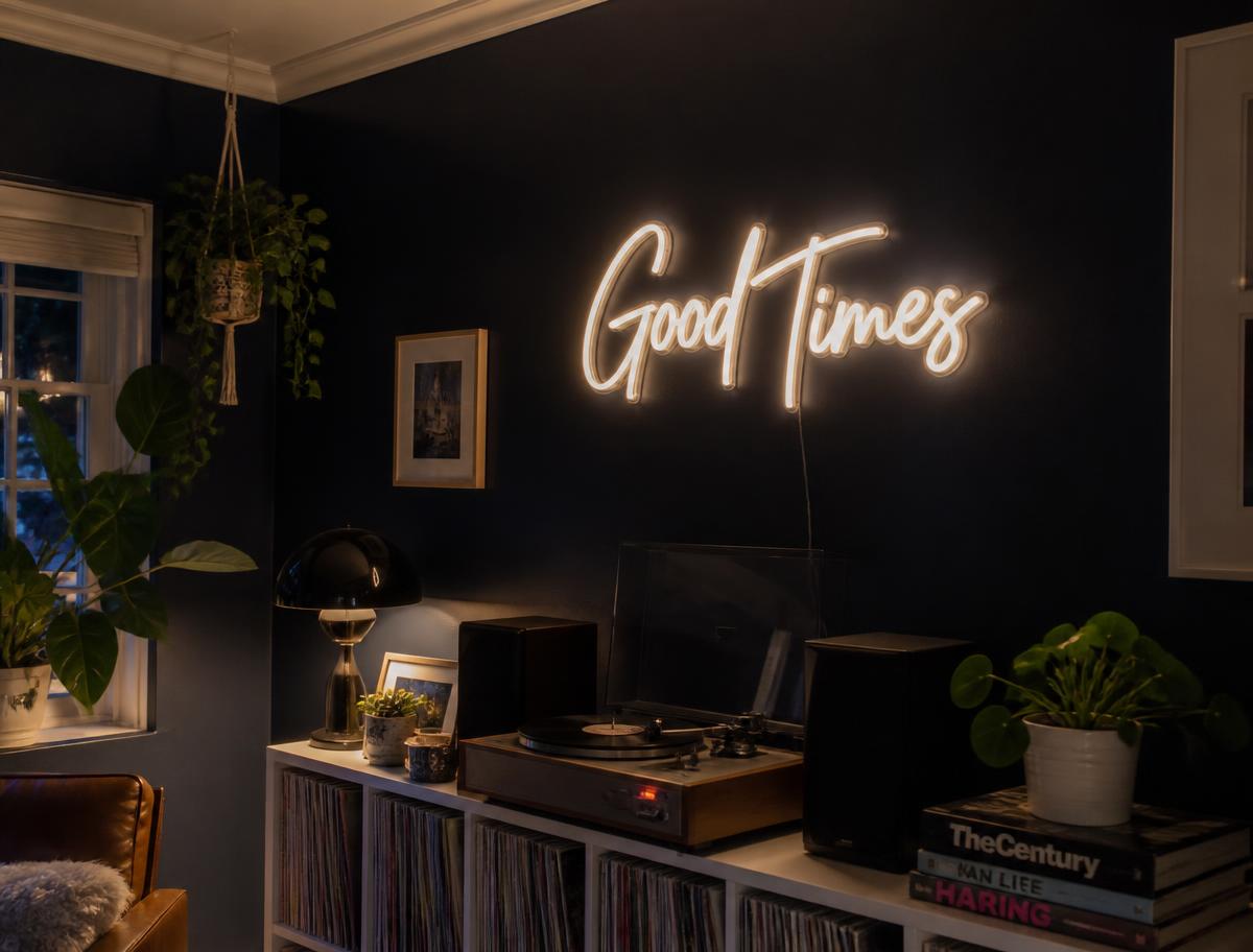 Good Times LED neon sign glowing on a navy wall above a record player