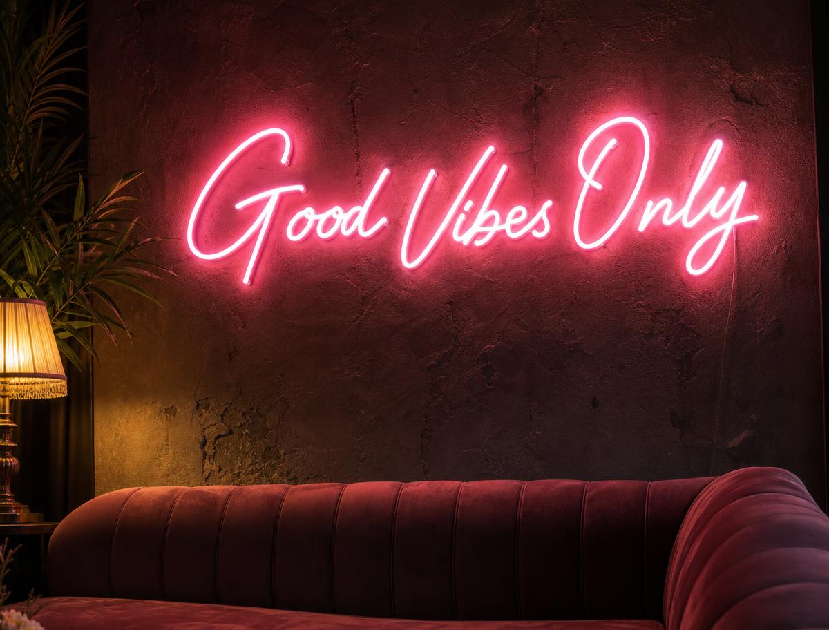 Pink LED neon sign reading Good Vibes Only above a velvet sofa