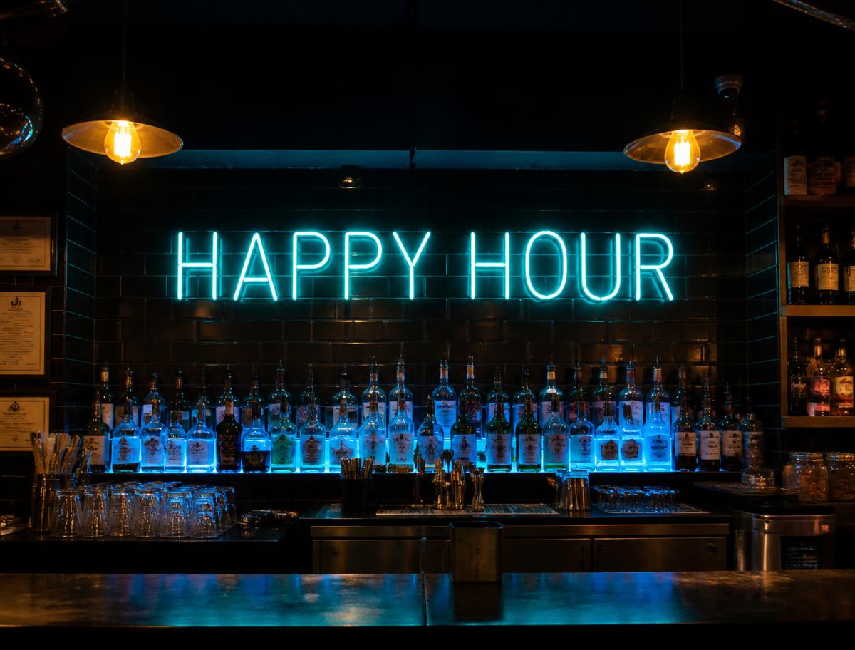 Happy Hour LED neon sign glowing on the wall of a busy bar