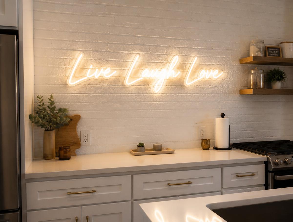 Live Laugh Love LED neon sign on a white brick kitchen wall