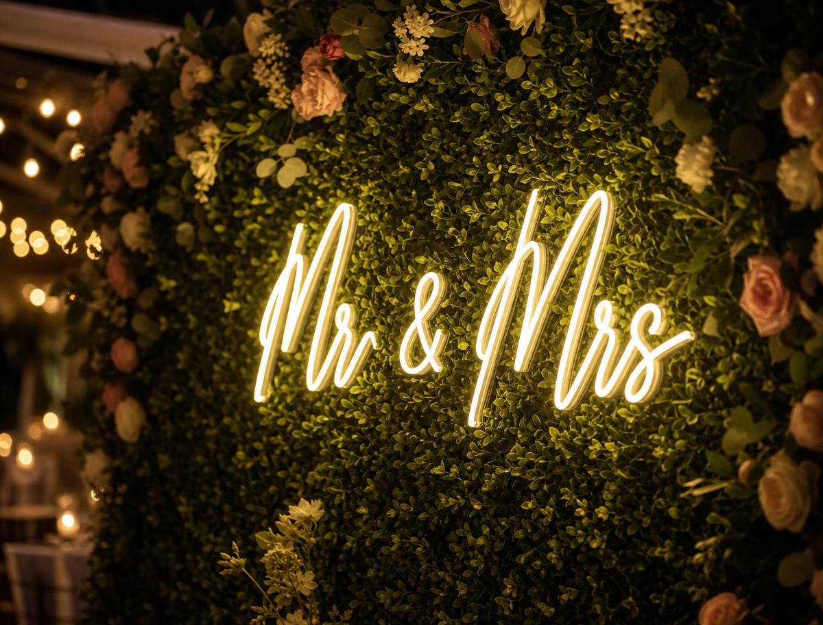 Warm white LED neon script reading Mr & Mrs on a wedding foliage wall
