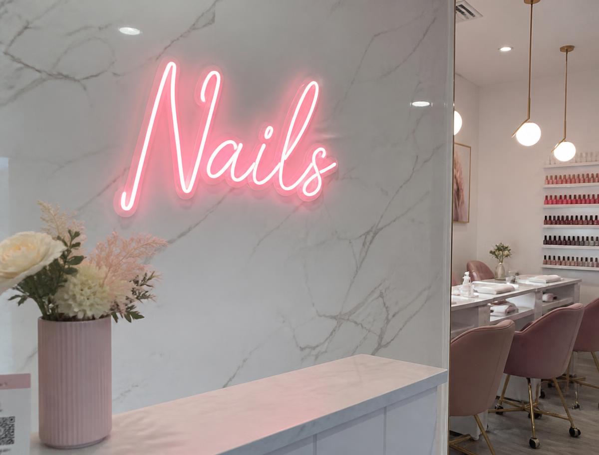 Pink Nails LED neon script sign on a marble wall in a nail salon