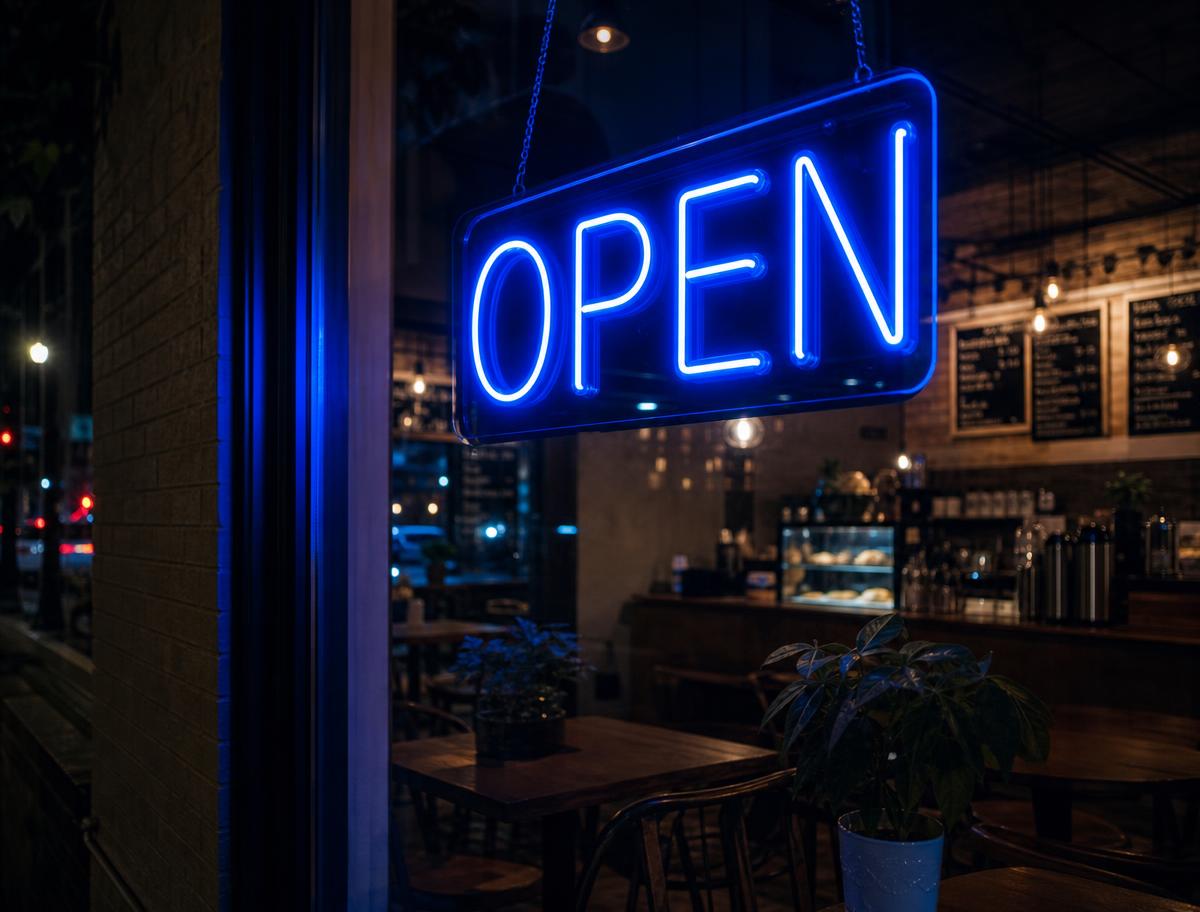 Blue LED neon OPEN sign hanging in a cafe window at night