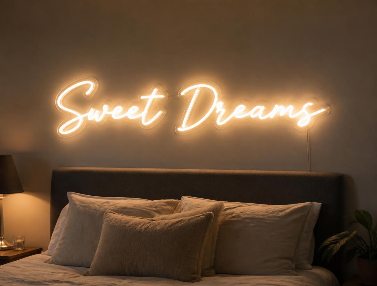 Soft pink Sweet Dreams LED neon sign above a bed in a modern bedroom
