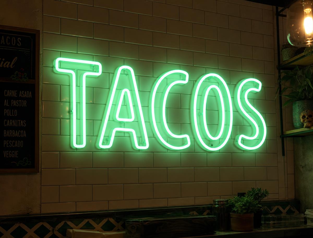 Green LED neon sign reading TACOS on a tiled taqueria wall